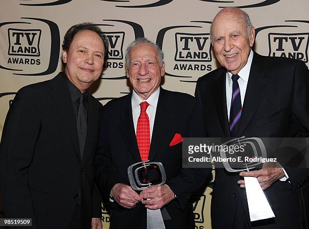 Actor Billy Crystal, Legend award recipient Mel Brooks and Legend award recipient Carl Reiner pose backstage at the 8th Annual TV Land Awards at Sony...