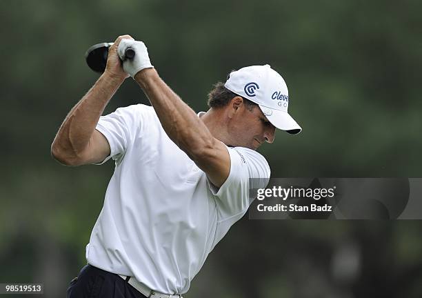 Former NFL quarterback Vinny Testaverde hits from the 12th tee box during the second round of the Outback Steakhouse Pro-Am at TPC Tampa Bay on April...