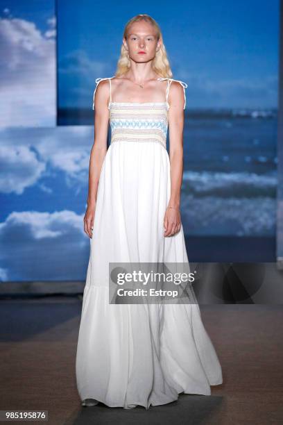 Model walks the runway at the TCN show during the Barcelona 080 Fashion Week on June 25, 2018 in Barcelona, Spain.