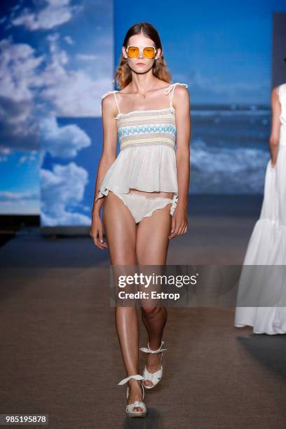 Model walks the runway at the TCN show during the Barcelona 080 Fashion Week on June 25, 2018 in Barcelona, Spain.