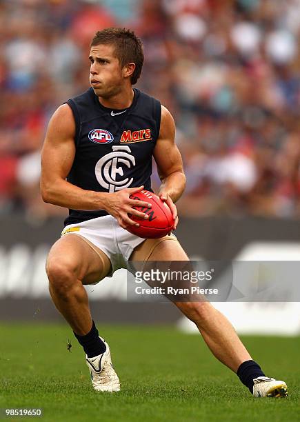 Marc Murphy of the Blues looks upfield during the round four AFL match between the Adelaide Crows and the Carlton Blues at AAMI Stadium on April 17,...