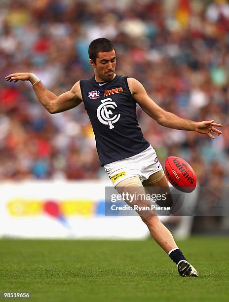 Kade Simpson of the Blues kicks during the round four AFL match between the Adelaide Crows and the Carlton Blues at AAMI Stadium on April 17, 2010 in...