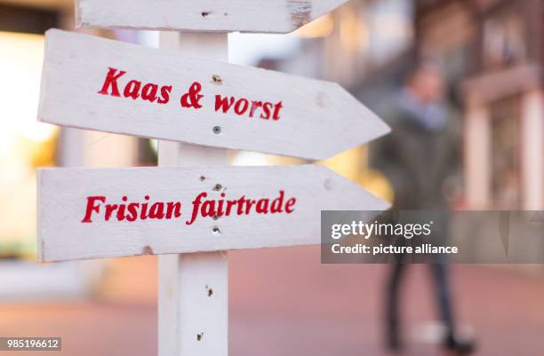 Signposts point to cheese, sausage and Frisian fairtrade products in Leeuwarden, Netherlands, 26 January 2018. Leeuwarden in the Frisian province is...