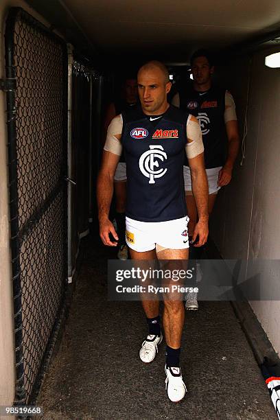 Chris Judd, captain of the Blues, leads his team up the tunnel before the round four AFL match between the Adelaide Crows and the Carlton Blues at...