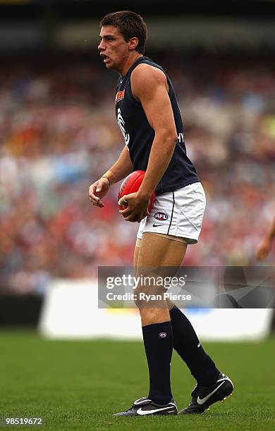 Matthew Kreuzer of the Blues looks upfield during the round four AFL match between the Adelaide Crows and the Carlton Blues at AAMI Stadium on April...