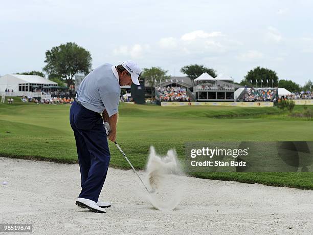 Nick Price hits to the 18th green during the second round of the Outback Steakhouse Pro-Am at TPC Tampa Bay on April 17, 2010 in Lutz, Florida.