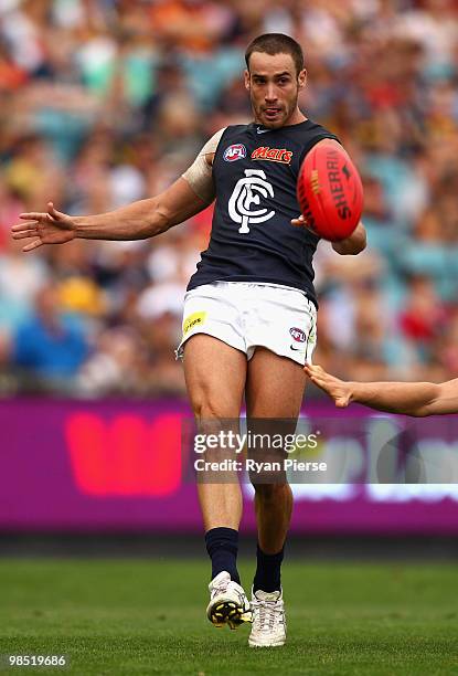 Andrew Walker of the Blues kicks during the round four AFL match between the Adelaide Crows and the Carlton Blues at AAMI Stadium on April 17, 2010...