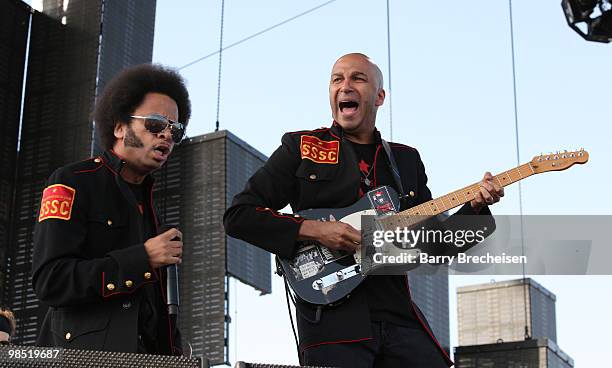 Boots Riley and Tom Morello of Street Sweeper Social Club performs during Day 1 of the Coachella Valley Music & Arts Festival 2010 held at the Empire...