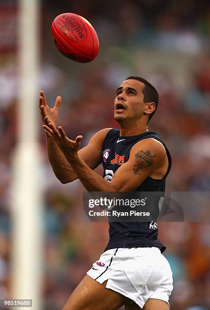 Jeff Garlett of the Blues looks upfield during the round four AFL match between the Adelaide Crows and the Carlton Blues at AAMI Stadium on April 17,...