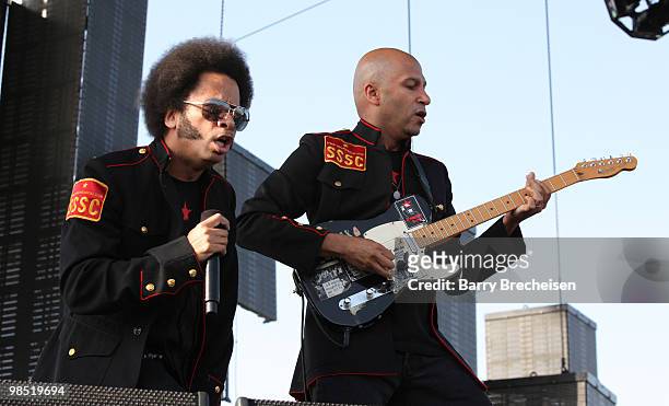 Boots Riley and Tom Morello of Street Sweeper Social Club performs during Day 1 of the Coachella Valley Music & Arts Festival 2010 held at the Empire...