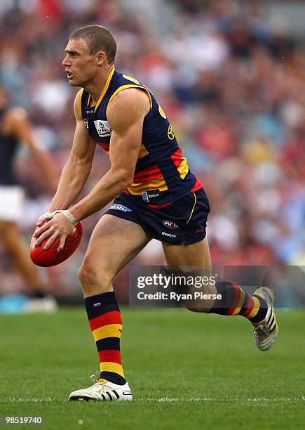Simon Goodwin of the Crows looks upfield during the round four AFL match between the Adelaide Crows and the Carlton Blues at AAMI Stadium on April...