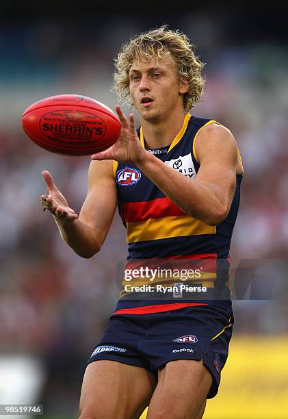 Myke Cook of the Crows marks during the round four AFL match between the Adelaide Crows and the Carlton Blues at AAMI Stadium on April 17, 2010 in...