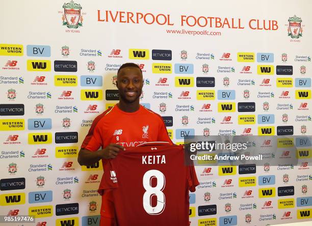 Naby Keita new signing of Liverpool Football club at Melwood Training Ground on June 22, 2018 in Liverpool, England.