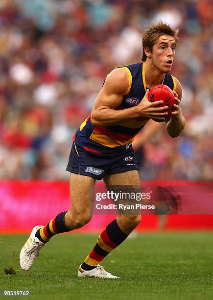 Richard Douglas of the Crows looks upfield during the round four AFL match between the Adelaide Crows and the Carlton Blues at AAMI Stadium on April...