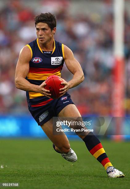 Chris Knights of the Crows looks upfield during the round four AFL match between the Adelaide Crows and the Carlton Blues at AAMI Stadium on April...