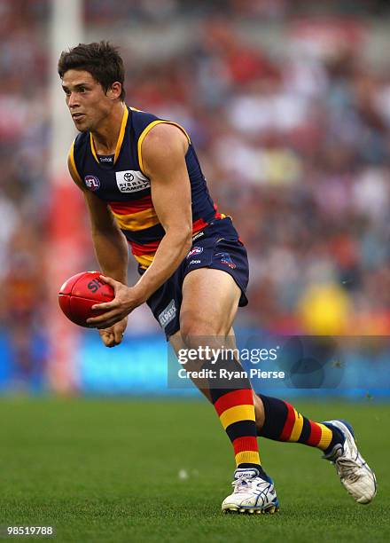 Chris Knights of the Crows looks upfield during the round four AFL match between the Adelaide Crows and the Carlton Blues at AAMI Stadium on April...
