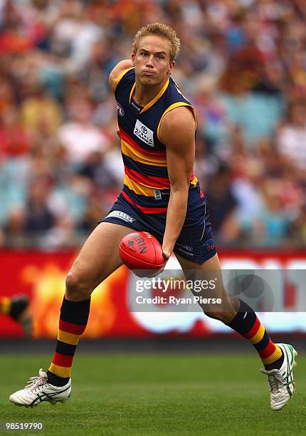 Bernie Vince of the Crows looks upfield during the round four AFL match between the Adelaide Crows and the Carlton Blues at AAMI Stadium on April 17,...