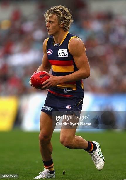 Myke Cook of the Crows looks upfield during the round four AFL match between the Adelaide Crows and the Carlton Blues at AAMI Stadium on April 17,...