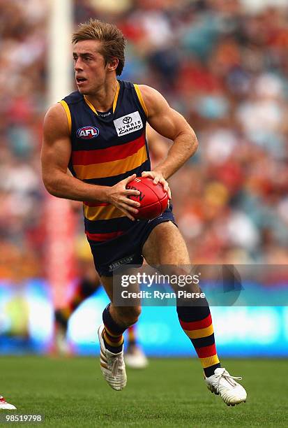 Richard Douglas of the Crows looks upfield during the round four AFL match between the Adelaide Crows and the Carlton Blues at AAMI Stadium on April...