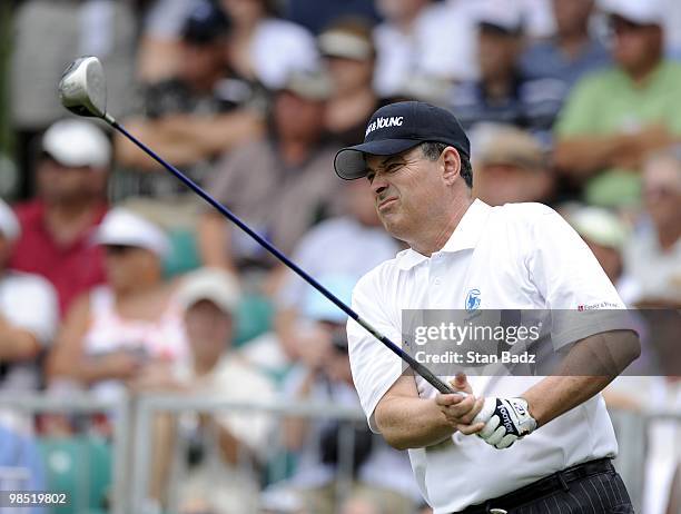 Loren Roberts hits from the first tee box during the second round of the Outback Steakhouse Pro-Am at TPC Tampa Bay on April 17, 2010 in Lutz,...