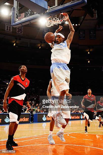 Will Barton of West Team slams a dunk against East Team during the National Game at the 2010 Jordan Brand classic at Madison Square Garden on April...