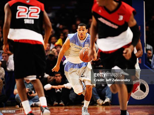 Cory Joseph of West Team drives a ball to the basket against East Team during the National Game at the 2010 Jordan Brand classic at Madison Square...