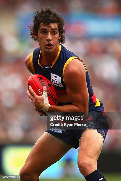 Taylor Walker of the Crows looks upfield during the round four AFL match between the Adelaide Crows and the Carlton Blues at AAMI Stadium on April...