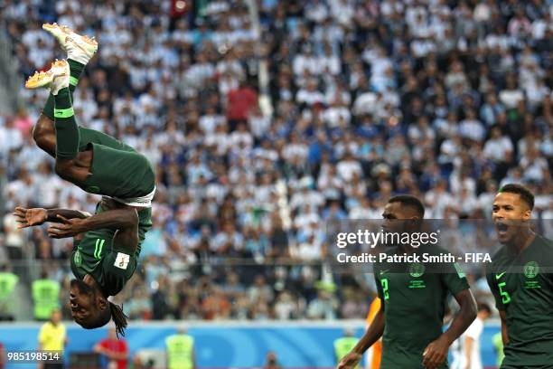 Victor Moses of Nigeria celebrates scoring his sides opening goal to make the score 1-1 during the 2018 FIFA World Cup Russia group D match between...