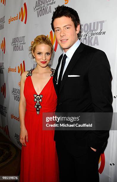 Actress Dianna Agron and actor Cory Monteith pose at the 21st Annual GLAAD Media Awards held at Hyatt Regency Century Plaza Hotel on April 17, 2010...