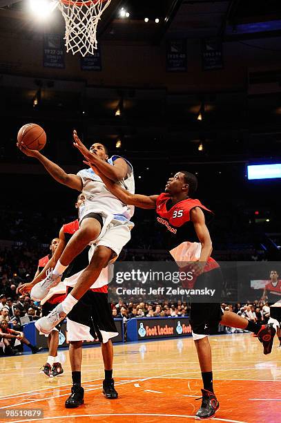 Tristan Thompson of West Team goes for a shot against Reggie Bullock of East Team during the National Game at the 2010 Jordan Brand classic at...