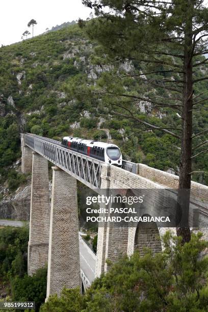 Train travels on the Eiffel railway bridge in Vivario on June 25, 2018 on the French Mediterranean island of Corsica. - The Eiffel bridge, built by...