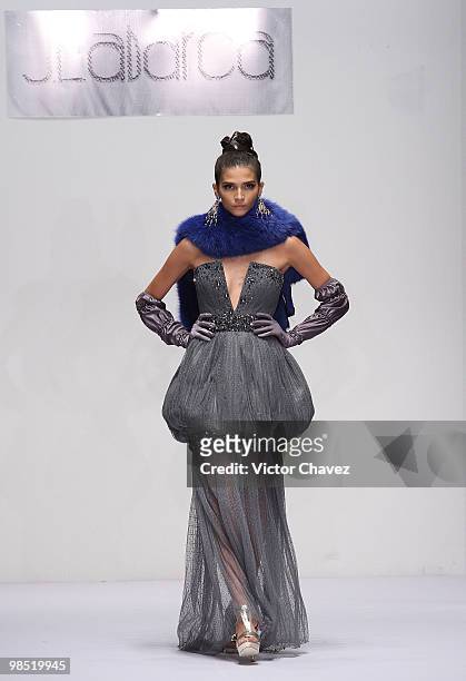 Model walks the runway wearing Jose Louis Abarca during Mercedes-Benz Fashion Mexico Autumn Winter 2010 at Campo Marte on April 15, 2010 in Mexico...