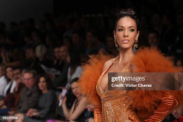 Model walks the runway wearing Jose Louis Abarca during Mercedes-Benz Fashion Mexico Autumn Winter 2010 at Campo Marte on April 15, 2010 in Mexico...