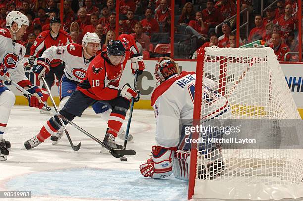 Eric Fehr of the Washington Capitals takes a shot against Montreal Canadiens during Game Two of the Eastern Conference Quarterfinals of the 2010 NHL...