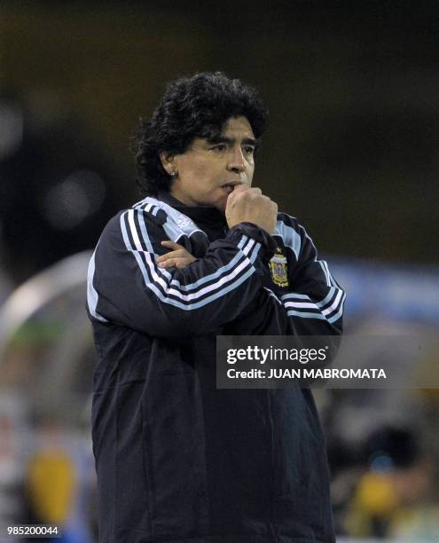 Argentina's national football team coach Diego Maradona gestures during their FIFA World Cup South Africa-2010 qualifier football match against...