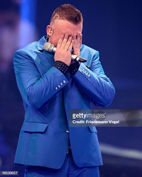 Menowin Froehlich poses during the contest 'DSDS - Deutschland Sucht Den Superstar' final show on April 17, 2010 in Cologne, Germany.