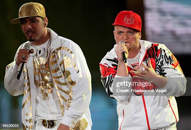 Menowin Froehlich and Mehrzad Marashi pose during the contest 'DSDS - Deutschland Sucht Den Superstar' final show on April 17, 2010 in Cologne,...