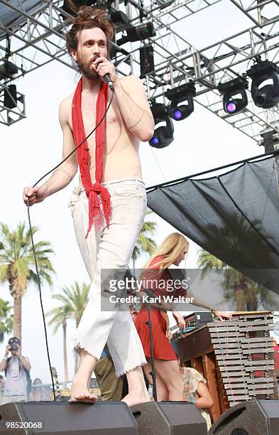 Musician Alex Ebert of the band Edward Sharpe and the Magnetic Zeros performs during day two of the Coachella Valley Music & Arts Festival 2010 held...