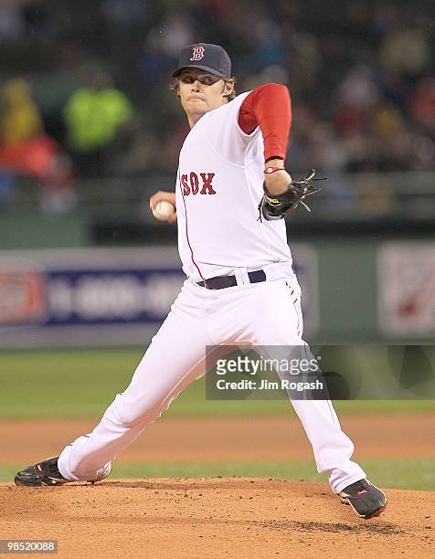 Clay Buchholz of the Boston Red Sox throws against the Tampa Bay Rays at Fenway Park on April 17, 2010 in Boston, Massachusetts.