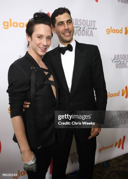 Olympic figure skater Johnny Weir and GLAAD President Jarrett Barrios pose during the cocktail reception for the 21st Annual GLAAD Media Awards held...