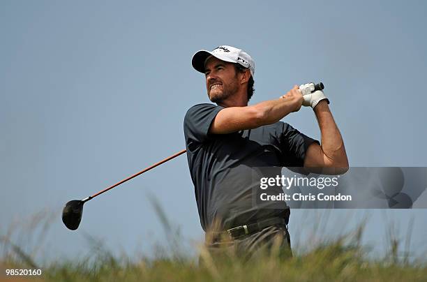 Mark Hensby of Australia tees off on during the third round of the Fresh Express Classic at TPC Stonebrae on April 17, 2010 in Hayward, California.