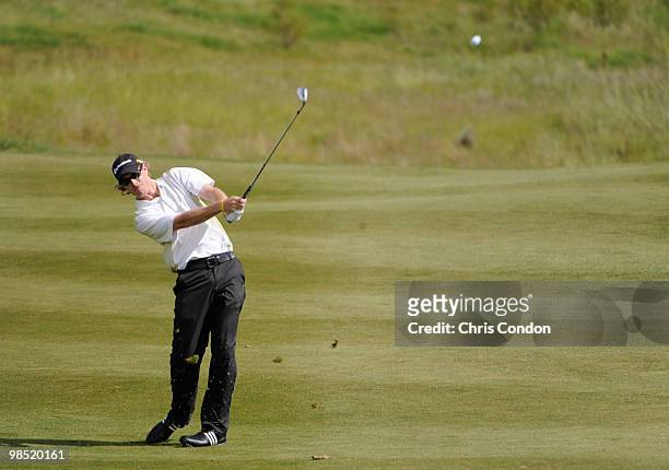 David Hearn of Canada hits to the 9th greenduring the third round of the Fresh Express Classic at TPC Stonebrae on April 17, 2010 in Hayward,...