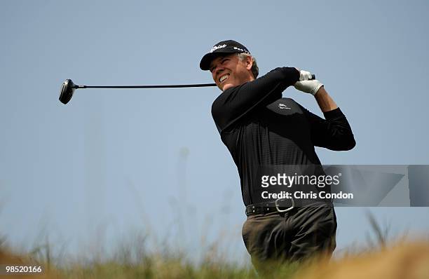 Jay Delsing tees off on during the third round of the Fresh Express Classic at TPC Stonebrae on April 17, 2010 in Hayward, California.