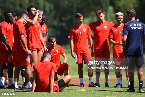French L1 Nimes football club's French head coach Bernard Blaquart speaks during a training session at the Bastide stadium in Nîmes, southern France,...