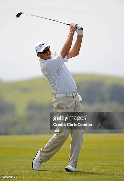 Tjaart van der Walt of Sweden hits from the 9th fairway during the third round of the Fresh Express Classic at TPC Stonebrae on April 17, 2010 in...