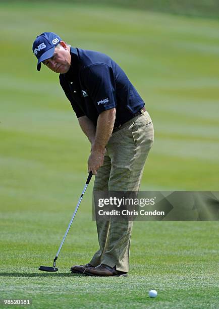 Bob May putts on the 9th green during the third round of the Fresh Express Classic at TPC Stonebrae on April 17, 2010 in Hayward, California.