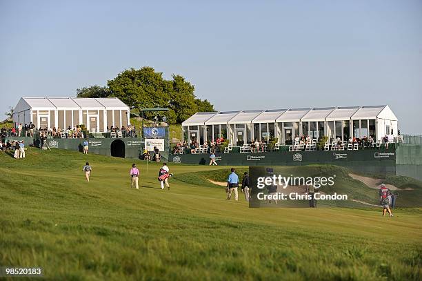 The final group walks to the 18th green during the third round of the Fresh Express Classic at TPC Stonebrae on April 17, 2010 in Hayward, California.