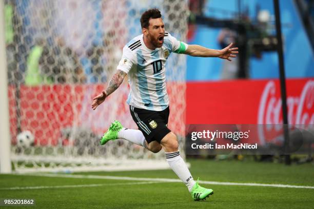 Lionel Messi of Argentina celebrates after he scores the opening goal during the 2018 FIFA World Cup Russia group D match between Nigeria and...