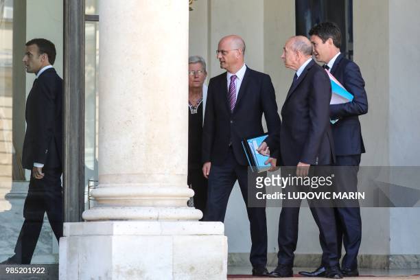 French President Emmanuel Macron, French Junior Minister for Defence Genevieve Darrieussecq, French Education Minister Jean-Michel Blanquer, French...