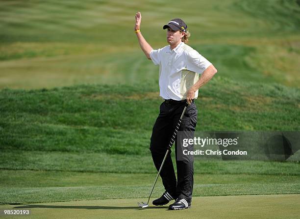 David Hearn of Canada waves to the gallery at the 9th greenduring the third round of the Fresh Express Classic at TPC Stonebrae on April 17, 2010 in...